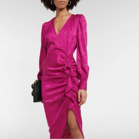 VERONICA BEARD Magenta Paisley Weiss V-Neck Ruffle Maxi Dress Sz 2 NWT MSRP$698 - Picture 2 of 10